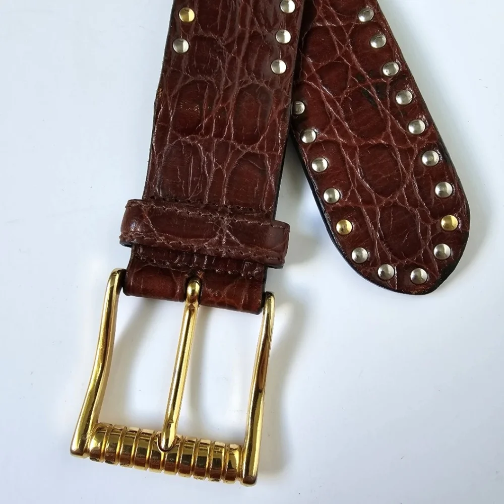 ✨ Vintage Gianni Versace Medusa Studded Leather Belt Brown Croc, Gold & Silver